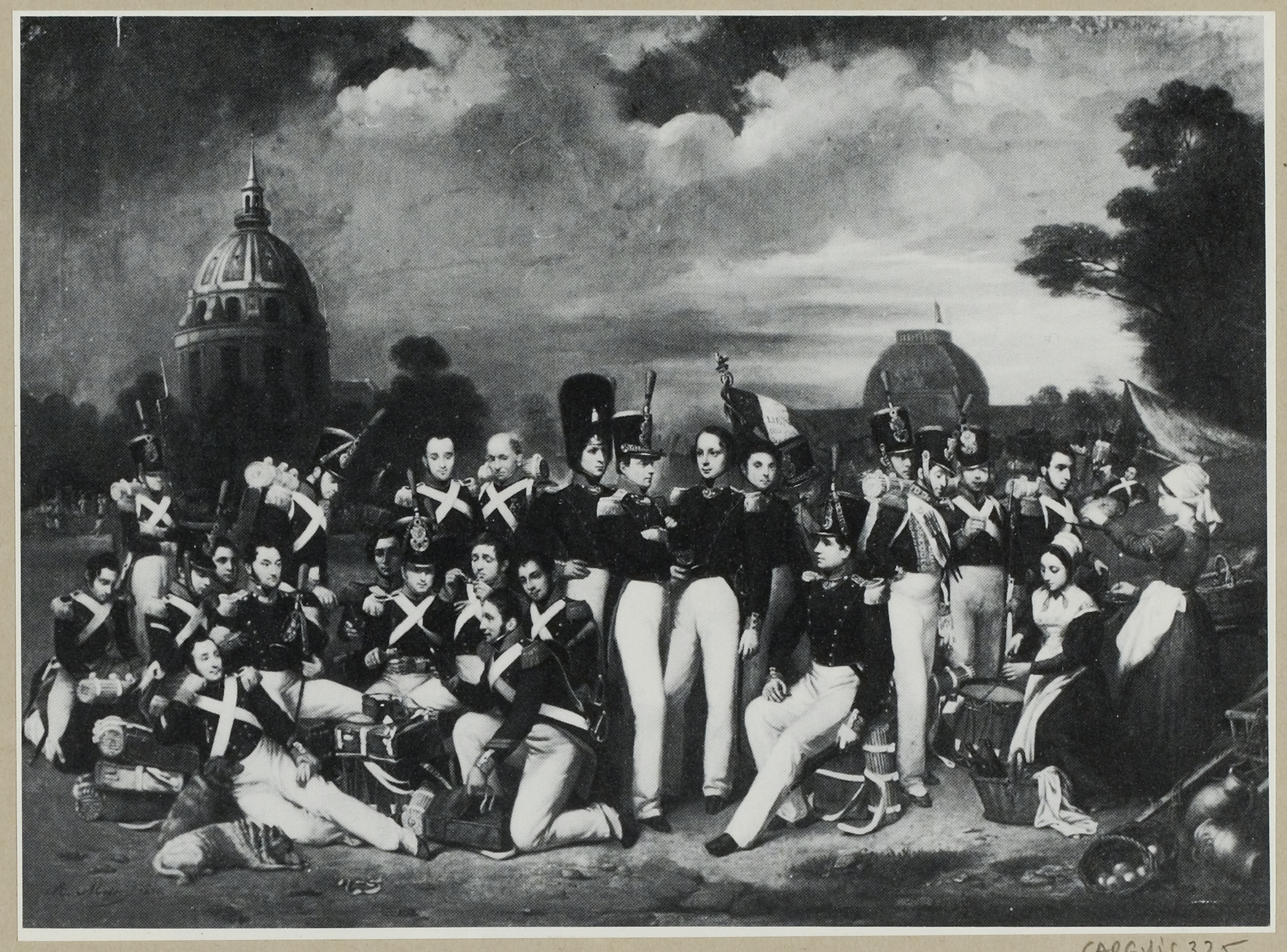 Un grupo de la Segunda Legión de la Guardia Nacional de París se detiene tras la revista en el Campo de Marte en 1836, por Massé